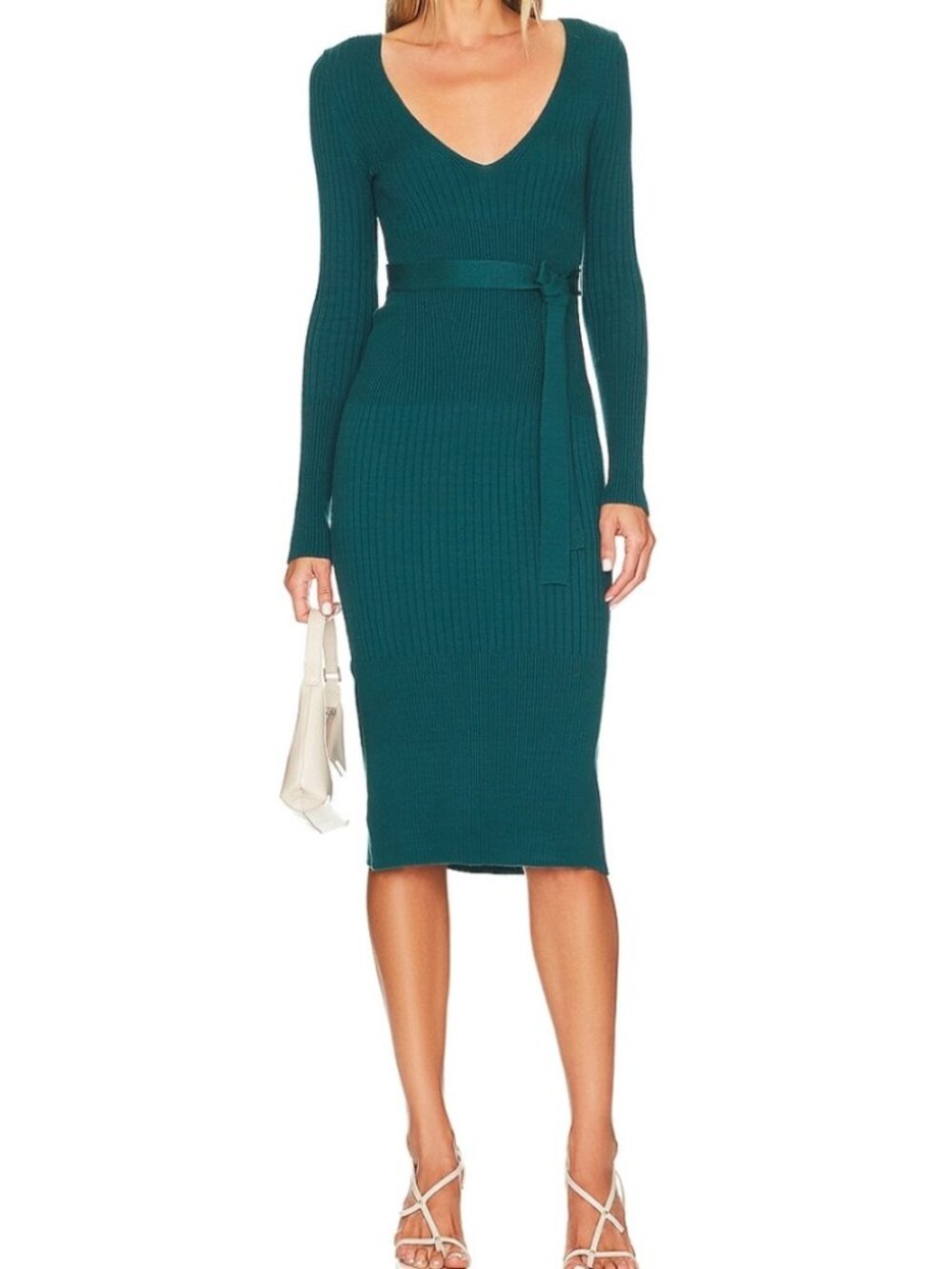 House Of Harlow 1960 Deep V Neck‎ Bodycon Rib Knit Dress Medium Teal Long Sleeve